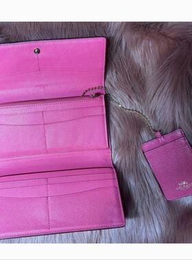 Coach Hot Pink Leather Continental Wallet with Chain Card Holder FUC